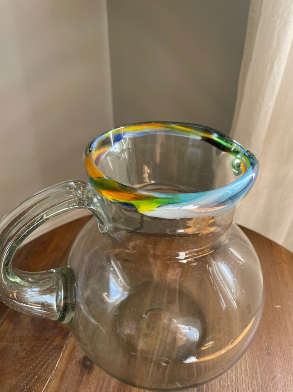 Mexican Recycled Clear Glass Pitcher with Colorful Rim